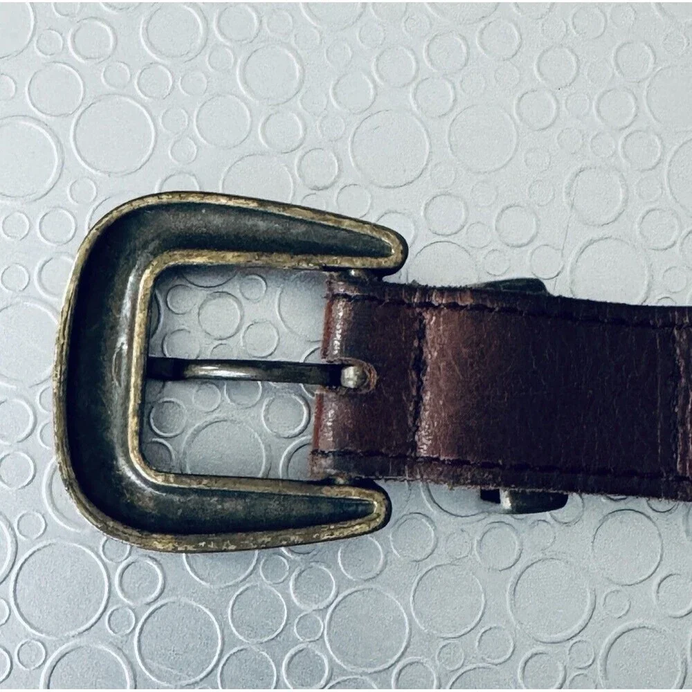 Vintage Cognac Brown Leather Western Belt 38 3-Pc Brass Buckle Tip Narrow Slim